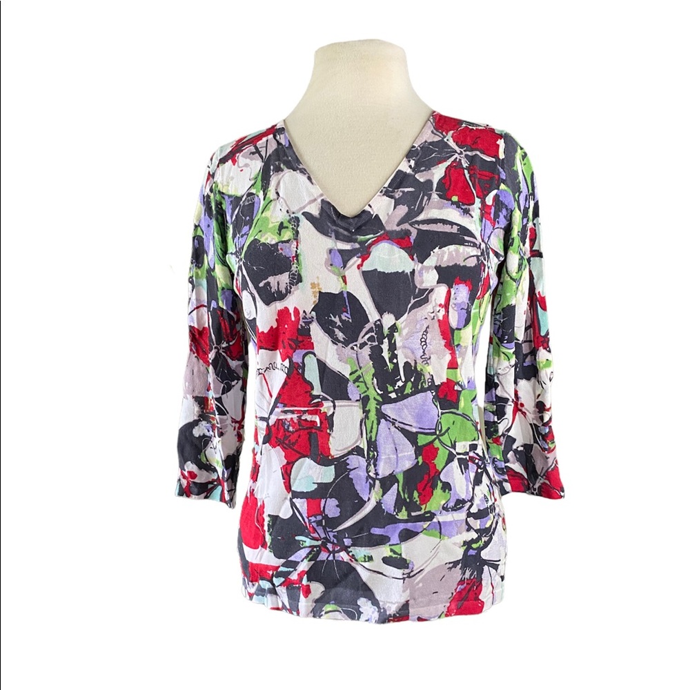 Alison Sheri V-neck 3/4 sleeve knit sweater geometrical design, rayon/nylon M